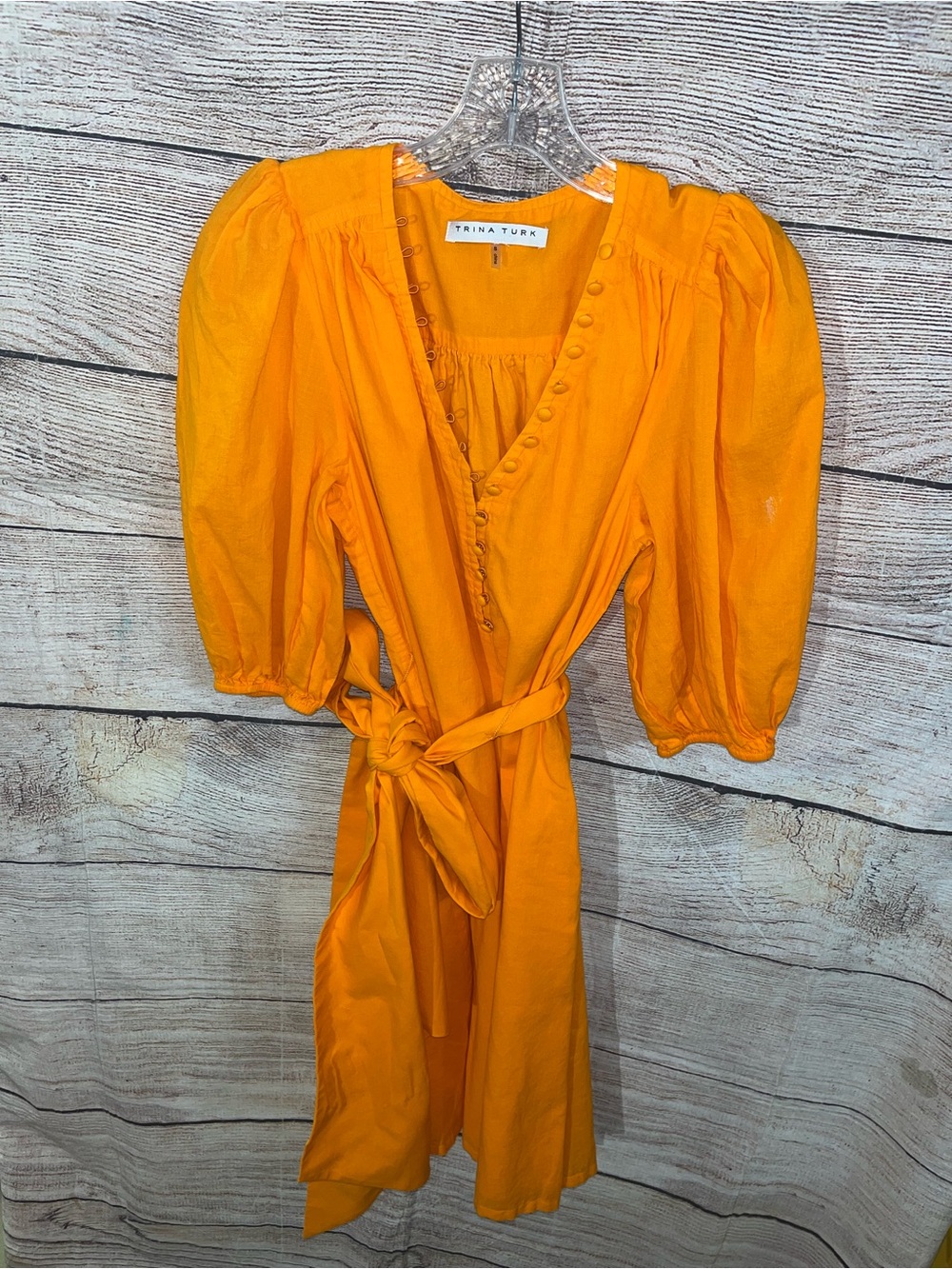 😍 Trina Turk Bold Orange Puff Sleeve with Tie Belt Mini Dress size Small